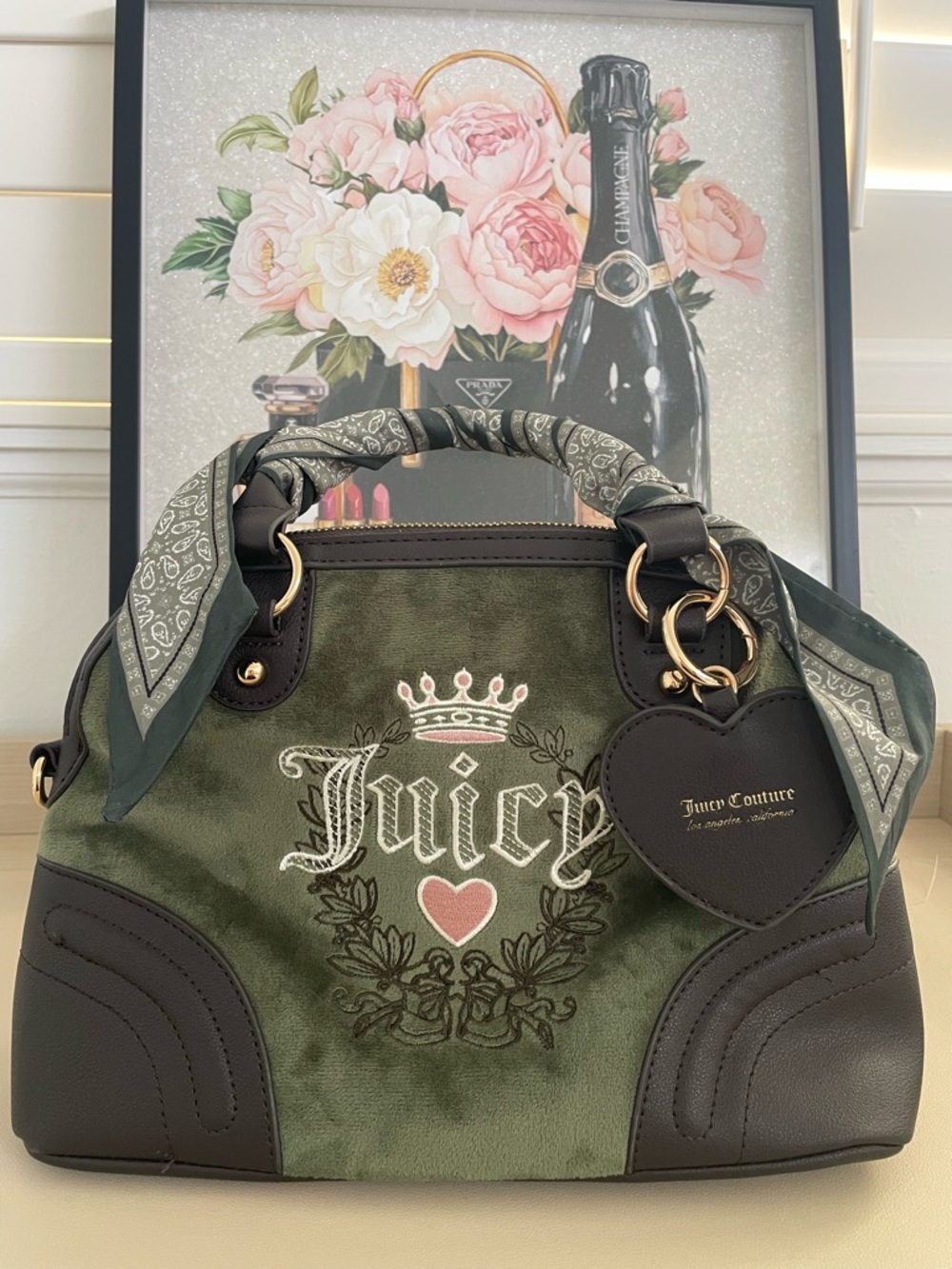 Juicy Couture Olive Green Velvet Satchel with Dark Trim & Heart Charm